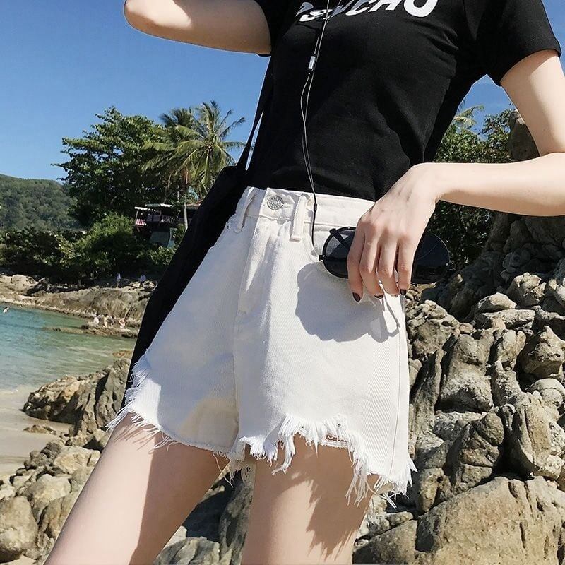 【半額！期間限定！！】シンプルファッションルーズワイドレッグAライン薄いオールマッチリップドハイウエストデニムショートパンツ<U-3034>