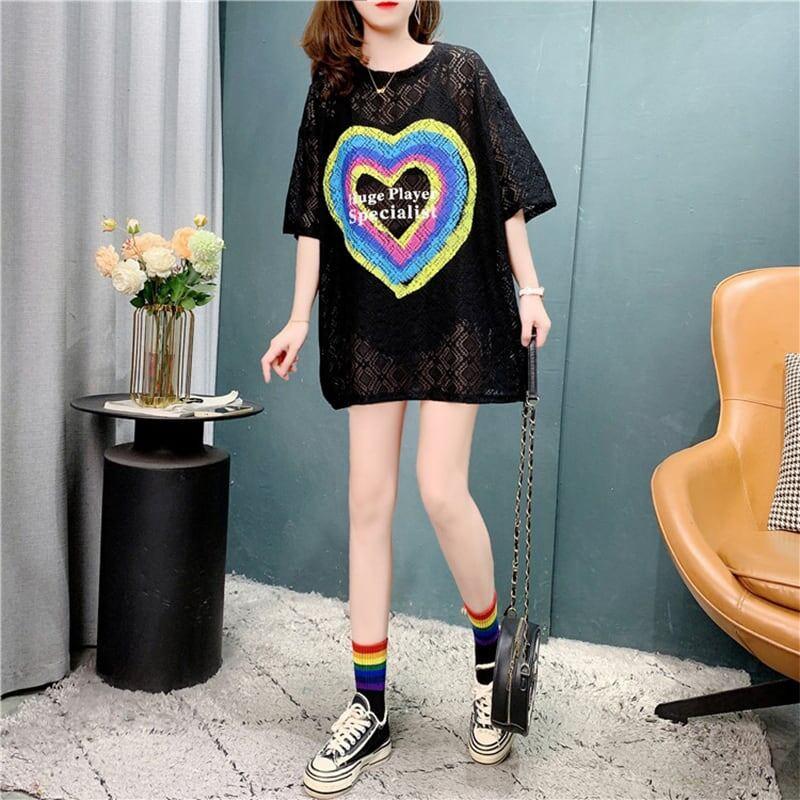 デザイン感 透かし彫り チャーミング プリント Tシャツ カットソー＜U-3115＞