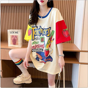 大注目 ドロップショルダー 落書き カラーマッチング プリントTシャツ ゆったり半袖 ＜U-3010＞