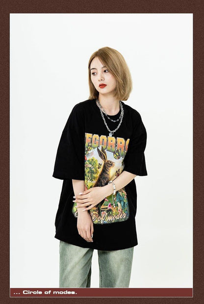 アメリカンレトロ絵画ウサギ半袖Tシャツカップル男女同スタイル<U-2910>