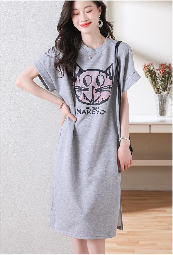 新しいカジュアルな猫プリント シャツ T ドレス<U-5037>