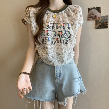 好感度UP カジュアル 大人可愛い プリント 全2色 半袖 Tシャツ＜U-8822＞