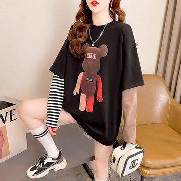 可愛いクマちゃんプリント レイヤード風 ストライプ柄 長袖Tシャツトップス＜U-4109＞