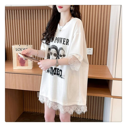 売り切れ必至 レース ファッション 切り替え ゆったり 半袖Tシャツ＜U-8480＞