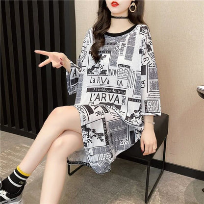オシャレ度満点 プリント 一目惚れ 切り替え ワンピース Tシャツ カットソー＜U-3122＞