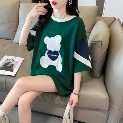 カジュアルルーズワッペン刺繍ステッチカラーブロック半袖Tシャツ<U-2870>