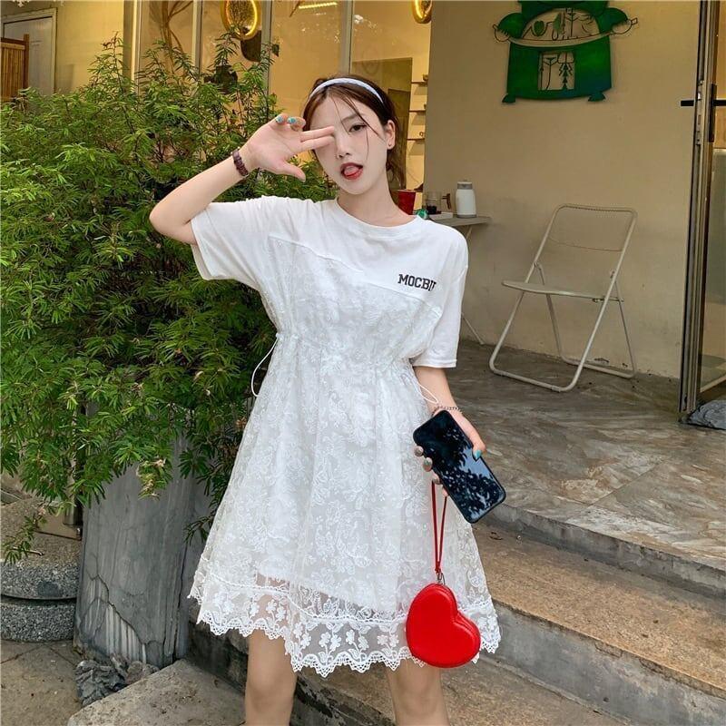 売れ筋 切り替え レース フェイクレイヤード 膝丈 半袖 Tシャツワンピース ＜U-1953＞