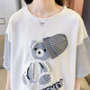 夏新作 カラーマッチング ベアー刺繍 ワッフル ロング Tシャツ ゆったり半袖 ＜U-2850＞