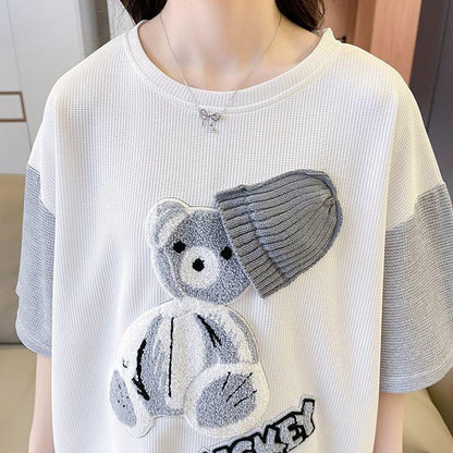 夏新作 カラーマッチング ベアー刺繍 ワッフル ロング Tシャツ ゆったり半袖 ＜U-2850＞
