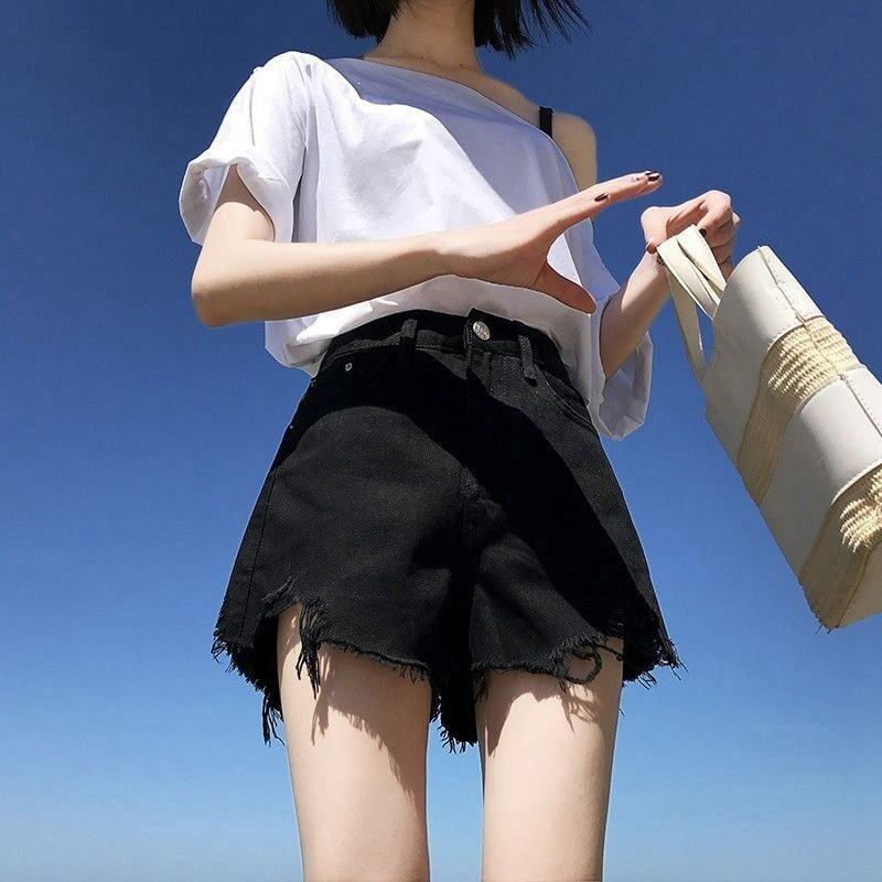【半額！期間限定！！】シンプルファッションルーズワイドレッグAライン薄いオールマッチリップドハイウエストデニムショートパンツ<U-3034>