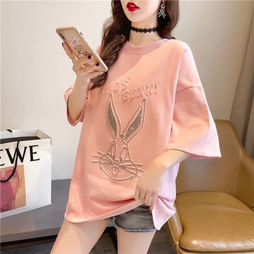 美人度アップ ウサギ ビジュー ロング Tシャツ 三色 ゆったり半袖＜U-2945＞