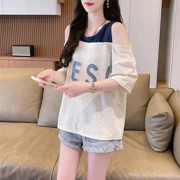新商品 ゆったり カジュアル プリント オープンショルダー 2色 半袖Tシャツ＜U-8282＞