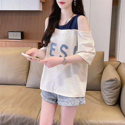 新商品 ゆったり カジュアル プリント オープンショルダー 2色 半袖Tシャツ＜U-8282＞