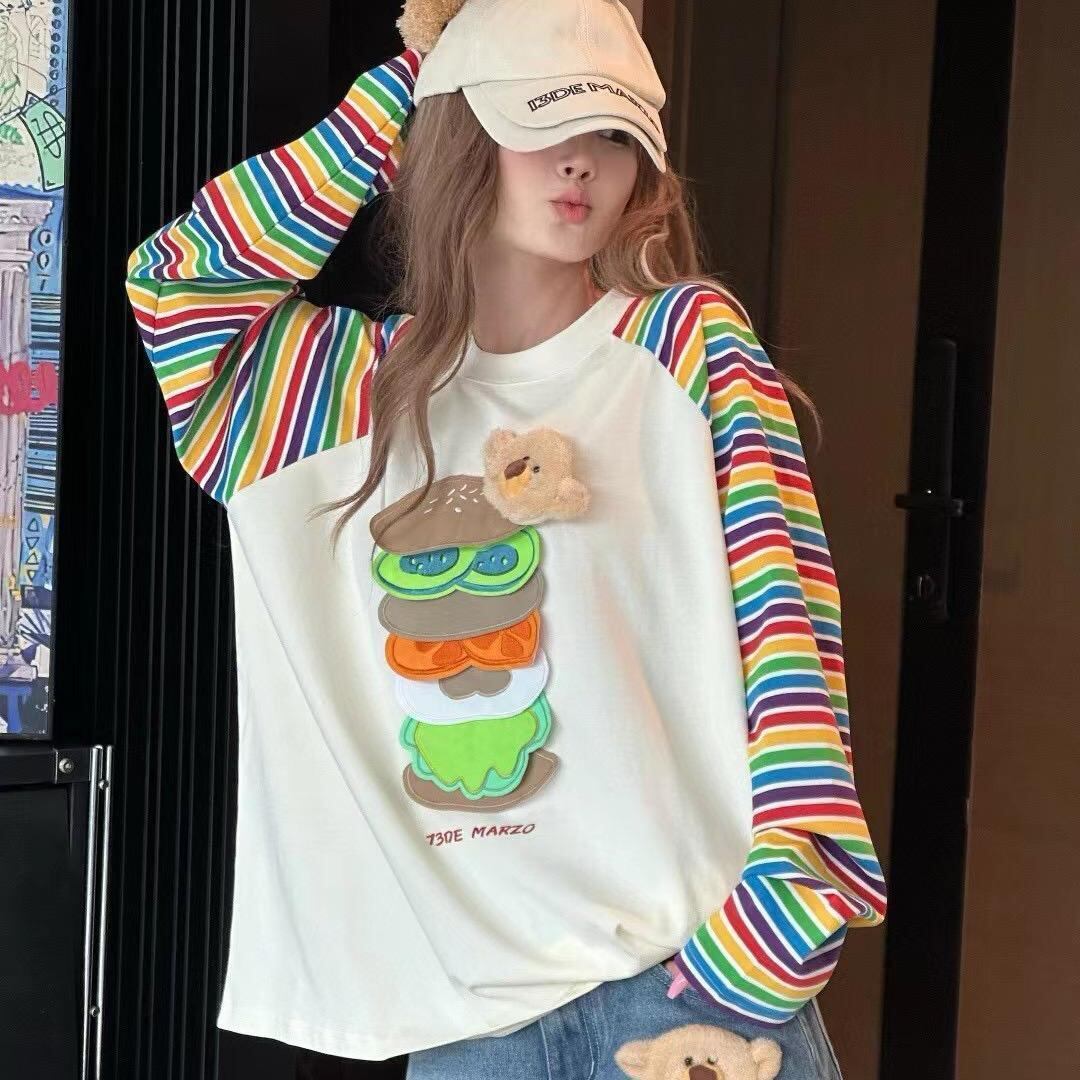 都市ファッショ デザイン オシャレ 大人可愛い 着心地良い プリント ストライプ柄 半袖Tシャツ<U-9332>