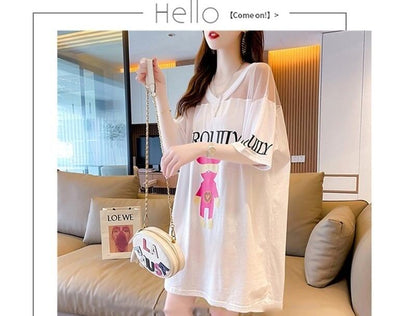 売り切れ必至 Vネック セクシー 切り替え チュール プリントTシャツ ゆったりワンピース ＜U-3050＞