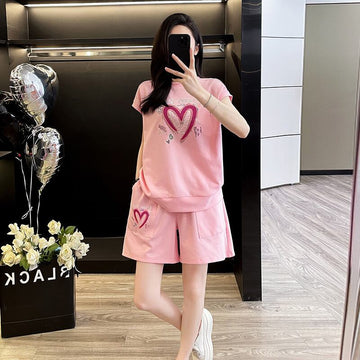 超人気 ホットダイヤモンド カジュアル プリント 半袖Tシャツ ショートパンツ セットアップ ＜U-9215＞