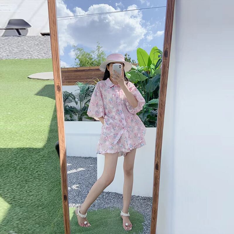 新商品 花柄 大人可愛い シャツ＋ショートパンツ セットアップ＜U-9001＞