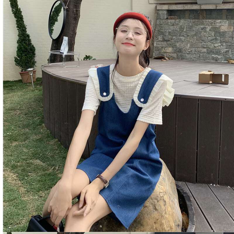 美人度アップ デニム 大人可愛い 全2色 半袖Tシャツ+サスペンダースカート セット<U-8782>