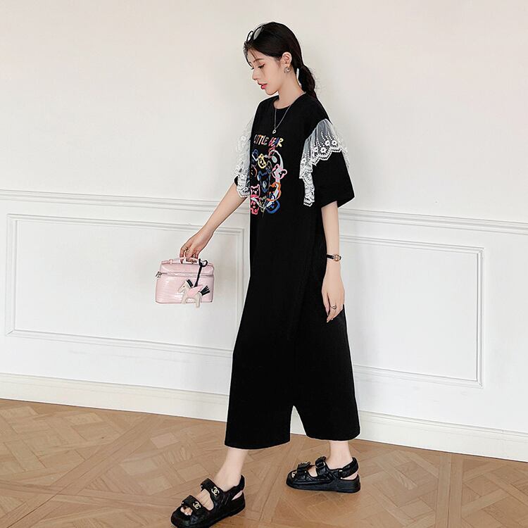 おすすめ レース ファッション 切り替え プリント Tシャツ カットソー ワンピース＜U-8535＞