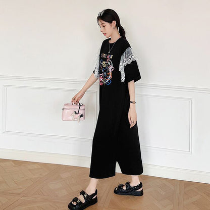 おすすめ レース ファッション 切り替え プリント Tシャツ カットソー ワンピース＜U-8535＞