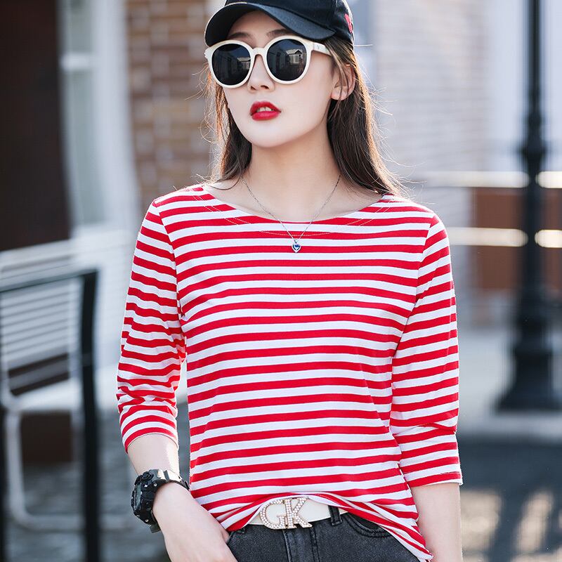 お買い得 定番シンプル 大活躍 着心地抜群 ストライプ柄 全4色 7分袖 Tシャツ ＜U-9134＞