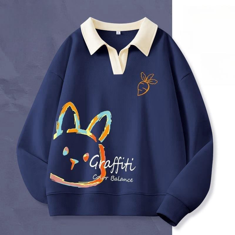 大人可愛いウサギちゃんロゴポロネック裏起毛スウェット全6色<U-4507>