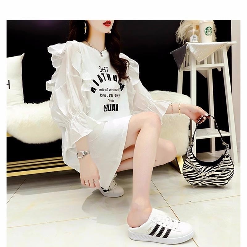 女子力アップ アルファベット パフスリーブ プリント ロングTシャツ ゆったりワンピース ＜U-3054＞