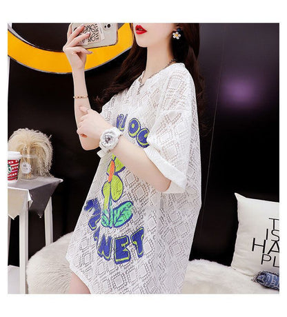 【半額！期間限定！！】新商品 切り替え 一目惚れ 透かし彫り プリント Tシャツ カットソー＜U-8523＞