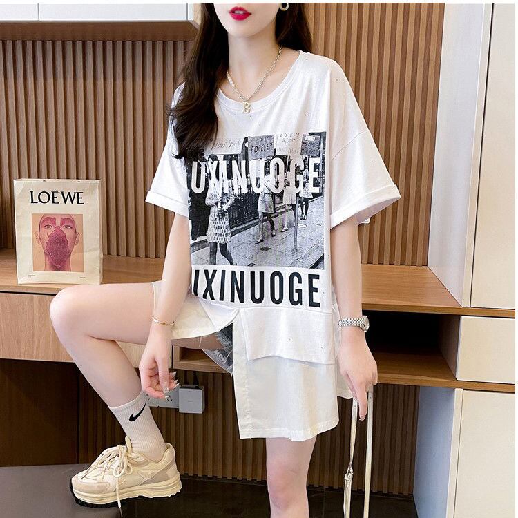 絶対流行 レイヤード風 レース プリント全2色 半袖Tシャツ<U-8821>