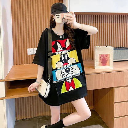 清純甘くて女子力UP ラウンドネック 一目惚れ カートゥーンプリント Tシャツ＜U-2817＞