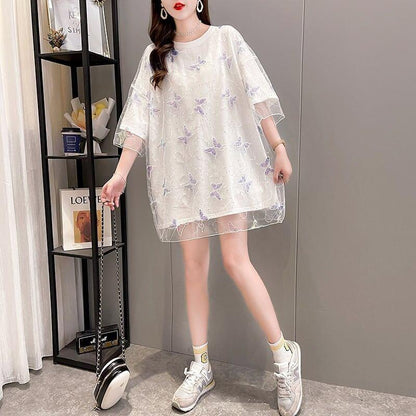 イントレンディなメッシュフェイクツーピースバタフライTシャツルーズトップ<U-2858>