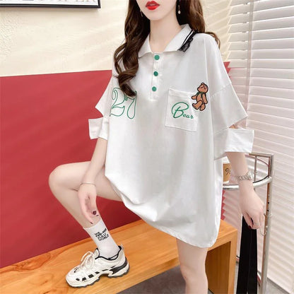 POLOネック ポケット ベアー レース ロング Tシャツ 三色 ゆったりワンピース＜U-3991＞