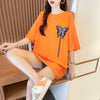 最新デザインセンス刺繍純綿ルーズ半袖Tシャツ<U-2949>