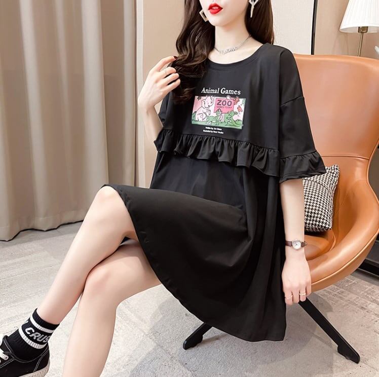 ミドル丈のイレギュラー半袖Tシャツワンピース<U-5007>