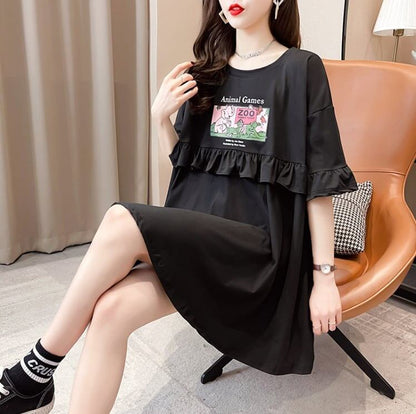 ミドル丈のイレギュラー半袖Tシャツワンピース<U-5007>