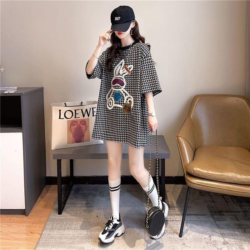 高級外国風千鳥格子半袖Tシャツ夏の新スタイル<U-2983>