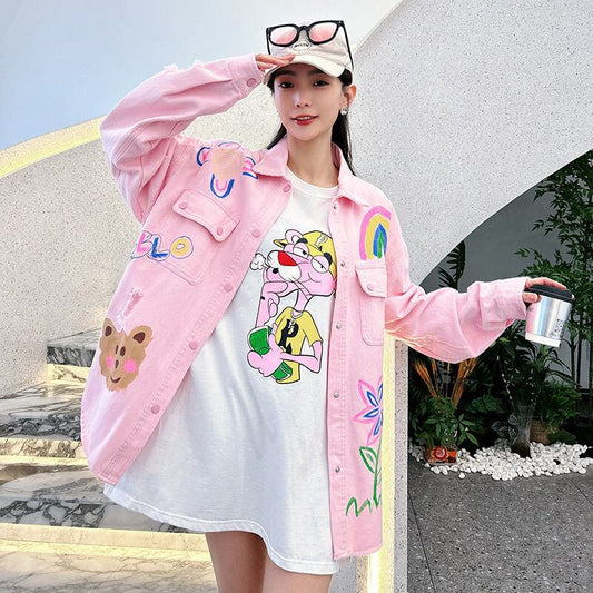 売り切れ必至 韓国風ファッション 上質 アバンギャルド プリント デニム Tシャツ ＜U-9479＞