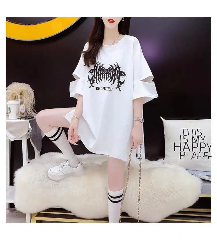 絶対欲しい ロング プリント ドロップショルダー Tシャツ ゆったり半袖 ＜U-2880＞