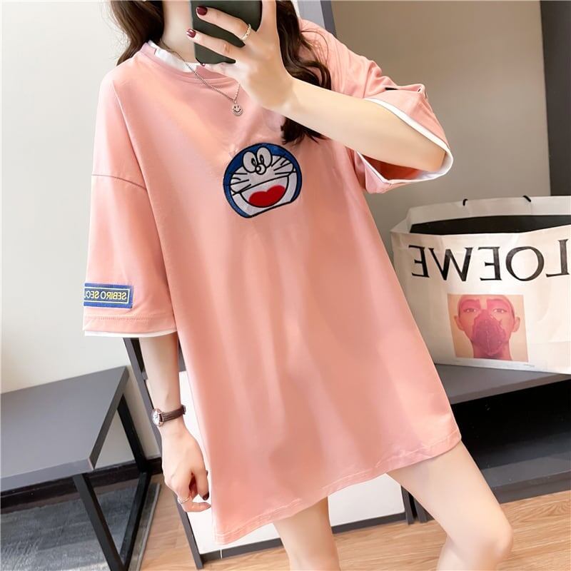 韓国系 ドロップショルダー 刺? レイヤードTシャツ ゆったり半袖 ＜U-3053＞