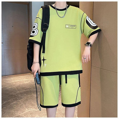 早い者勝ち カジュアル ファッション 切り替え 全3色 半袖Ｔシャツⅹパンツセット<U-8950>