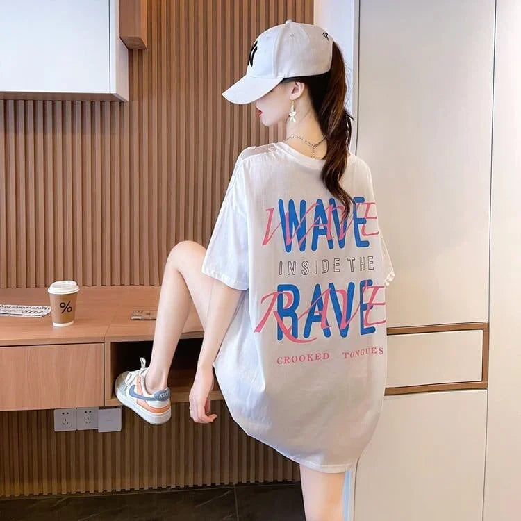 ファッションデザインレースミドル丈半袖Tシャツ<U-3017>