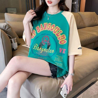夏新作 配色 プリント ロング ラグランTシャツ 三色 ゆったりワンピース ＜U-4003＞
