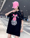 レースステッチアイスシルクニットルーズラビットプリント半袖Tシャツ<U-5038>