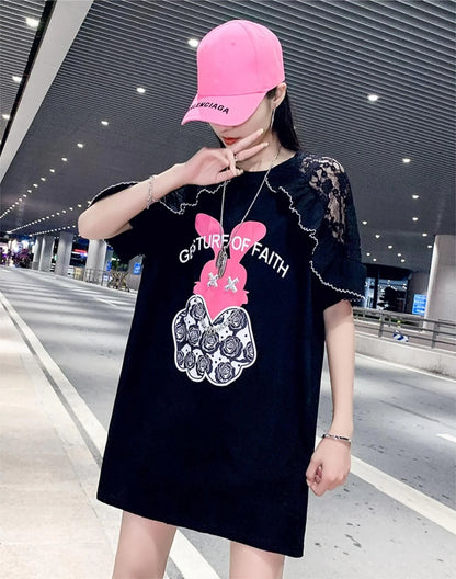 レースステッチアイスシルクニットルーズラビットプリント半袖Tシャツ<U-5038>