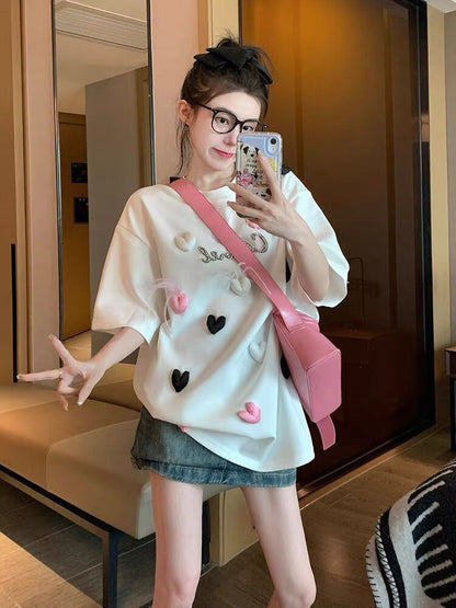 絶対欲しい ホットダイヤモンド キュート 三次元の愛 ゆったり 半袖Tシャツ＜U-8823＞