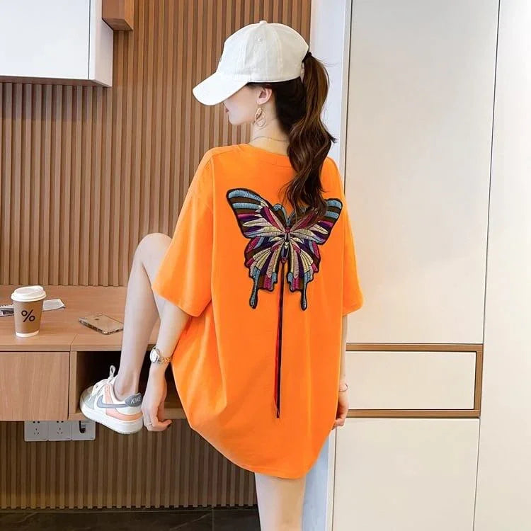 最新デザインセンス刺繍純綿ルーズ半袖Tシャツ<U-2949>
