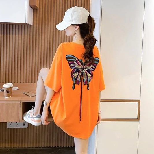 最新デザインセンス刺繍純綿ルーズ半袖Tシャツ<U-2949>