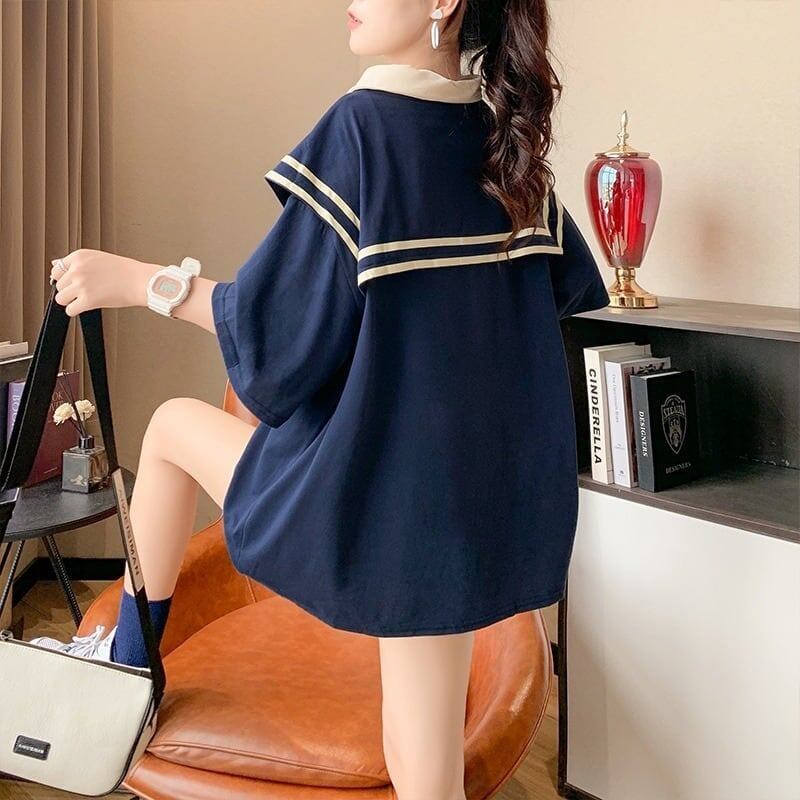 絶対欲しい ロング セーラーカラー Tシャツ 三色 ゆったりワンピース＜U-4028＞
