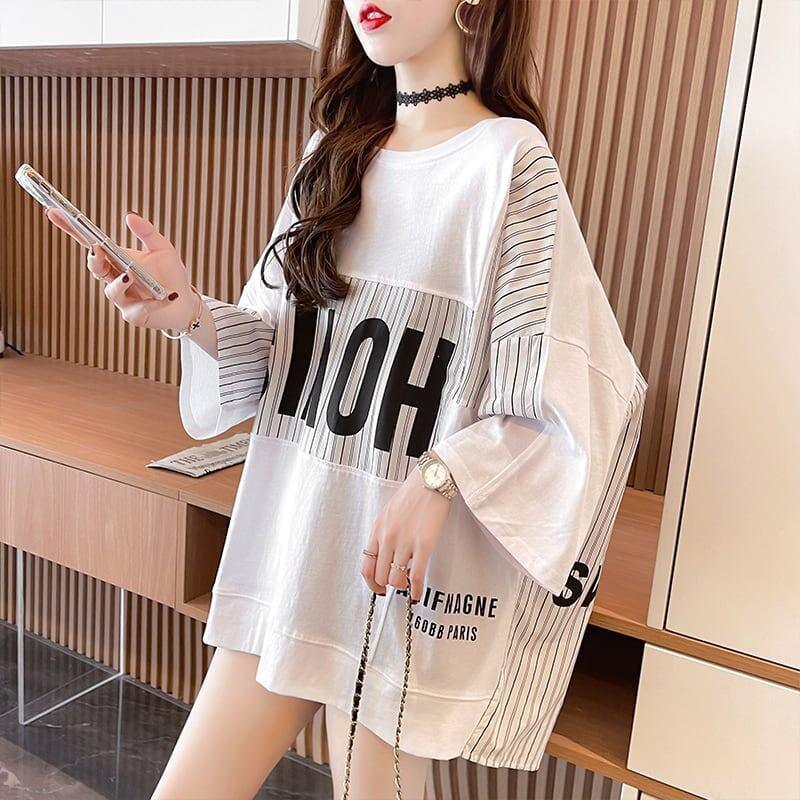 大好評 切り替え ストライプ柄 プリント ロング Tシャツ 三色 ゆったりワンピース ＜U-4012＞
