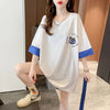 韓国系 ドロップショルダープリント ラウンドネック ロング Tシャツ 三色 ゆったり半袖＜U-3011＞